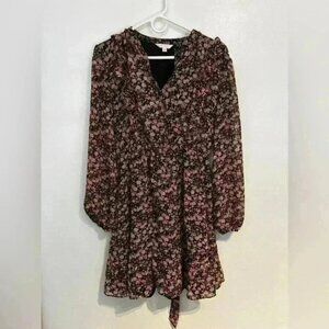 Lauren Conrad Women’s Black And Pink Floral Wrap Dress With Ruffle Detail Large